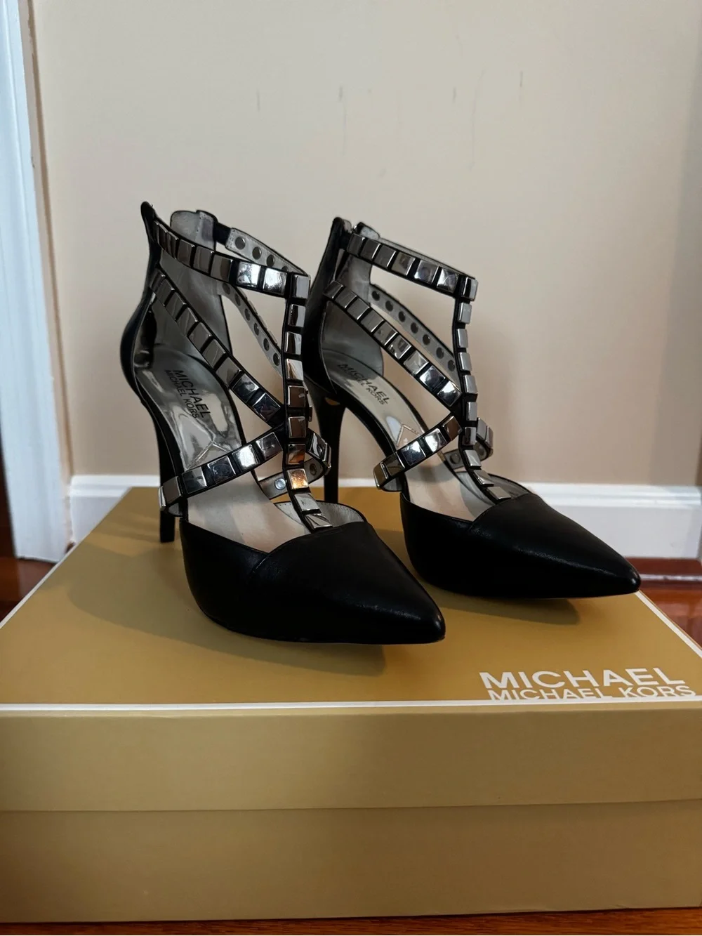 Michael Kors Black Studded Strappy Pointed-Toe Stilettos